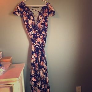 Flowered long wrap dress